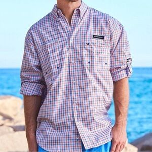 Southern Marsh Harbor Cay LS Button Front Fishing Shirt Red & Blue Size M
